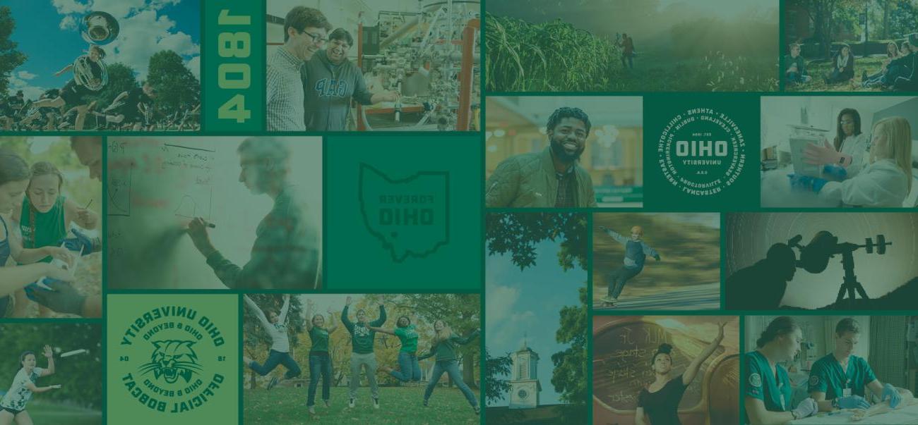 Collage of different photos of Ohio University students, campus buildings, and OHIO brand graphics